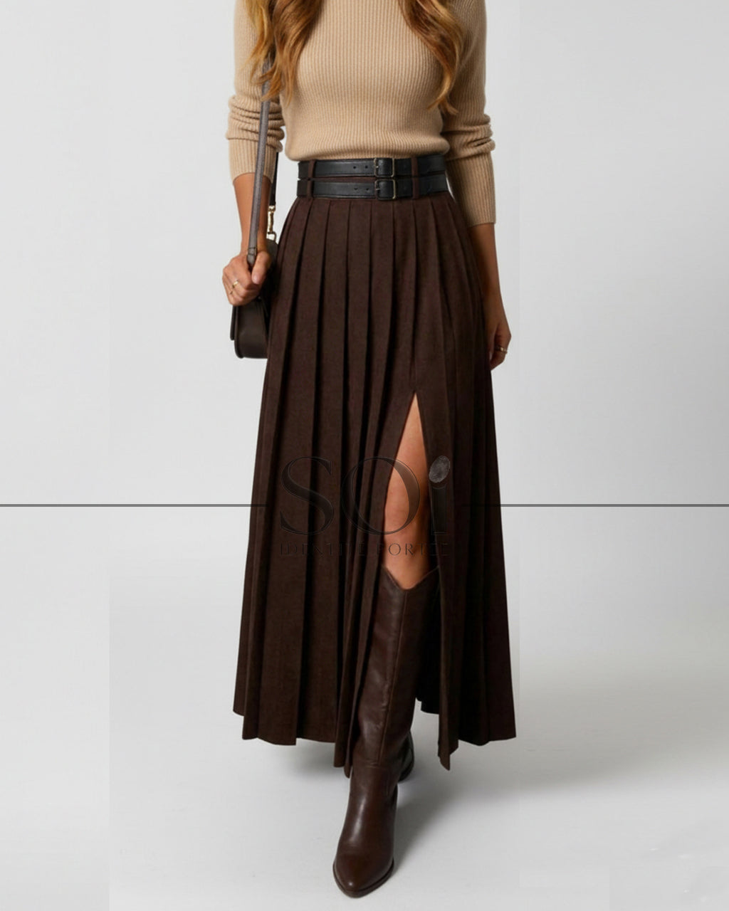 Pleated Double-belted Midi Skirt