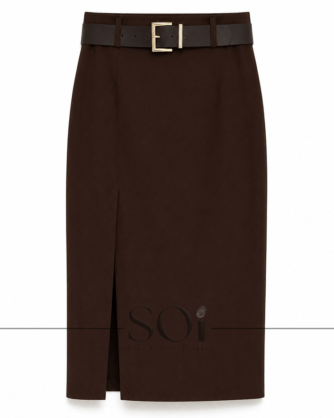 Belted Front-Slit Midi Skirt