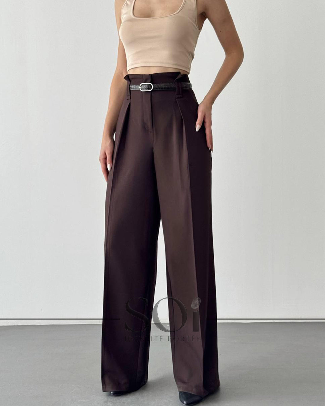 Belted Wide-Leg Tailored Pants