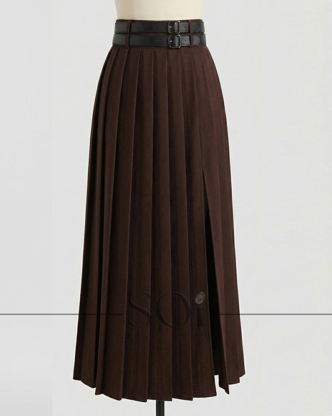 Pleated Double-belted Midi Skirt