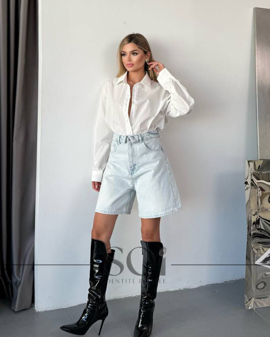 Fold-Over Waist Denim short