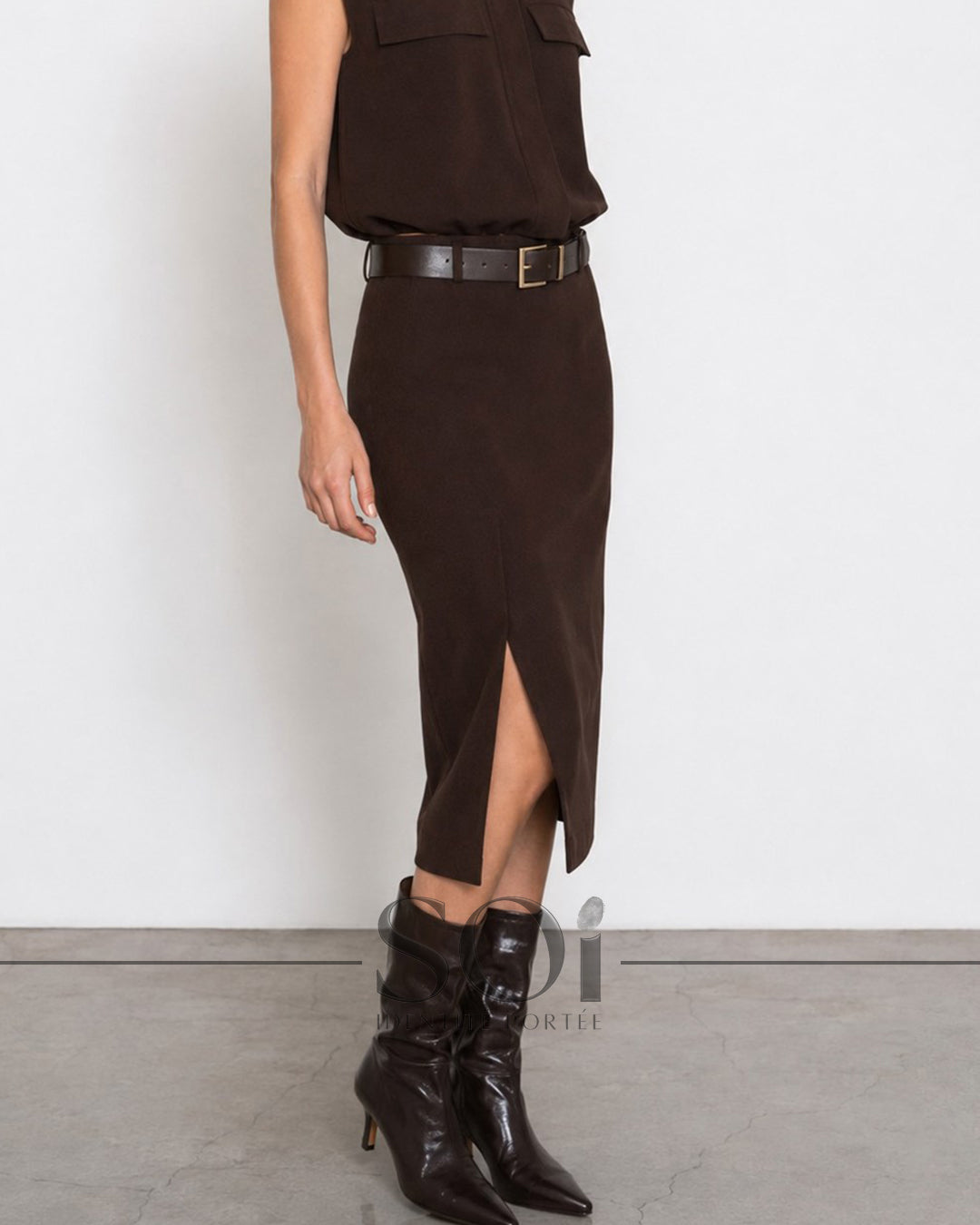 Belted Front-Slit Midi Skirt