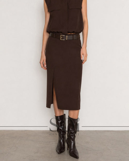 Belted Front-Slit Midi Skirt