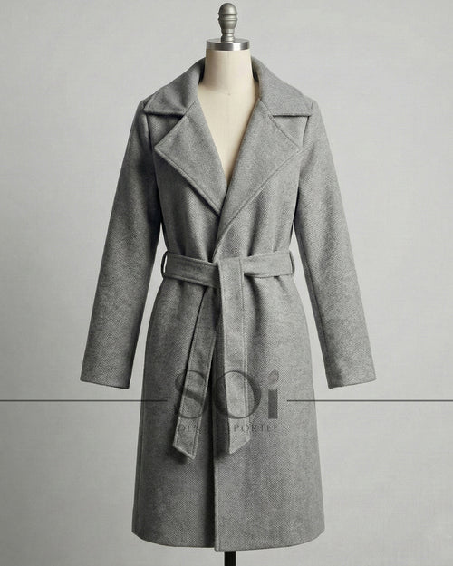 A mid-length tailored coat with a self-tie belt